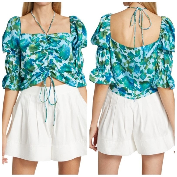 NWT Amur Ravenna Puff Sleeve Top Blue Green 10 - Picture 2 of 11